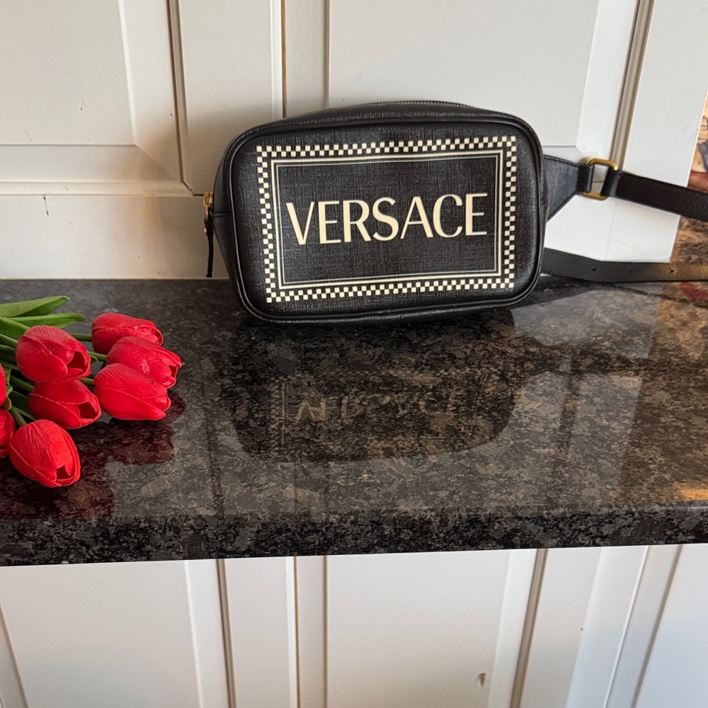 Versace Black Belt Bag with Cream Logo Panel